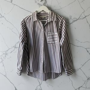 Loft Women’s Brown White Striped Cotton Button Down Shirt Size MP Pocket Classic